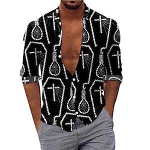 Men's Shirt Cross Turndown Black Long Sleeve 3D Print Outdoor Halloween Button-Down Print Tops Vintage Cool Designer Casual miniinthebox