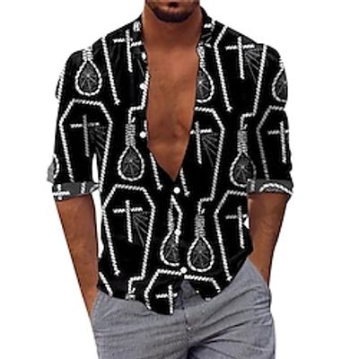 Men's Shirt Cross Turndown Black Long Sleeve 3D Print Outdoor Halloween Button-Down Print Tops Vintage Cool Designer Casual miniinthebox