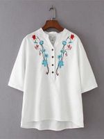 Casual Embroidery Half Sleeve V-Neck T-Shirt