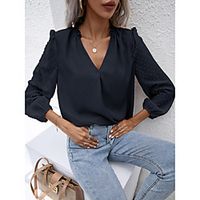 Women's Blouse Shirt Plain Long Sleeve Lettuce Trim V Neck Streetwear Tops Khaki Black Navy Blue miniinthebox - thumbnail