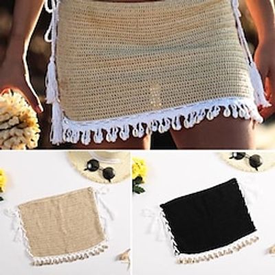 Women's Swimwear Beach Bottom Normal Swimsuit Tassel Knitting Solid Color Black Apricot Bathing Suits Sports Summer miniinthebox