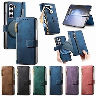 Phone Case For Samsung Galaxy Z Fold 5 Z Fold 4 Z Fold 3 Back Cover Wallet Case With Magsafe with Stand Holder Magnetic Zipper Retro TPU PU Leather Lightinthebox