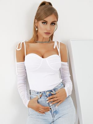 YOINS Mesh Patchwork Off the Shoulder Ruched Long Sleeves Blouse YOINS Mesh Patchwork Off the Shoulder Ruched Long Sleeves Blouse