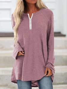 Zip Front Design Round Neck Long Sleeves Tee