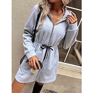 Women's Casual Dress Plain Dress SpringDress Mini Dress Zipper Pocket Street Daily Sports Active Fashion Hooded Long Sleeve 2023 Loose Fit Gray Color S M L XL Size Lightinthebox