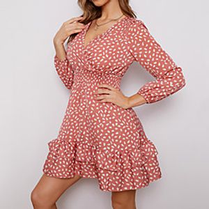 Women's A Line Dress Short Mini Dress Blushing Pink Khaki Green White Black Long Sleeve Polka Dot Print Fall Spring V Neck Work Elegant 2021 S M L XL miniinthebox