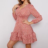 Women's A Line Dress Short Mini Dress Blushing Pink Khaki Green White Black Long Sleeve Polka Dot Print Fall Spring V Neck Work Elegant 2021 S M L XL miniinthebox - thumbnail