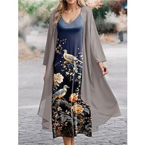 Women's Two Piece Dress Set Casual Dress Chiffon Dress Outdoor Office Fashion Streetwear Print Long Dress Maxi Dress V Neck Long Sleeve Floral Regular Fit Pink Blue Sky Blue Spring S M L XL XXL Lightinthebox
