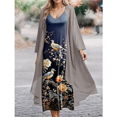 Women's Two Piece Dress Set Casual Dress Chiffon Dress Outdoor Office Fashion Streetwear Print Long Dress Maxi Dress V Neck Long Sleeve Floral Regular Fit Pink Blue Sky Blue Spring S M L XL XXL Lightinthebox