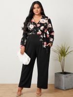 YOINS Plus Size V-neck Floral Print Wrap Design Long Sleeves Jumpsuit - thumbnail