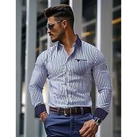 Men's Shirt Button Up Shirt Casual Shirt Summer Shirt Dark Blue Long Sleeve Stripes Lapel Daily Vacation Front Pocket Clothing Apparel Fashion Casual Comfortable Lightinthebox