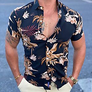 Men's Shirt Floral Button-Down Print Short Sleeve Street Tops Casual Fashion Breathable Comfortable Navy Blue Lightinthebox