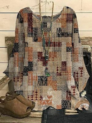 Casual Vintage Print Crew Neck Long Sleeve Blouse Casual Vintage Print Crew Neck Long Sleeve Blouse