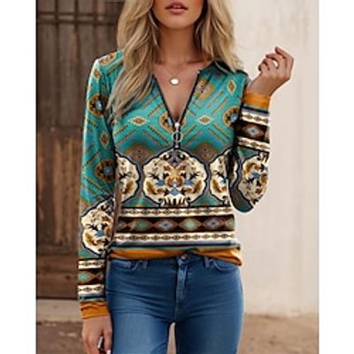 Women's T shirt Tee Graphic Pink Blue Purple Print Quarter Zip Long Sleeve Casual Fashion Round Neck Regular Fit Spring   Fall Lightinthebox