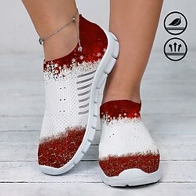 Women's Sneakers Slip-Ons Print Shoes Plus Size Flyknit Shoes Outdoor Daily Flat Heel Round Toe Closed Toe Fashion Sporty Casual Running Walking Tissage Volant Loafer Color Block Star Cut-out Red Lightinthebox