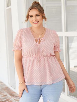 YOINS Plus Size V-neck Polka Dot Short Sleeves Blouse YOINS Plus Size V-neck Polka Dot Short Sleeves Blouse