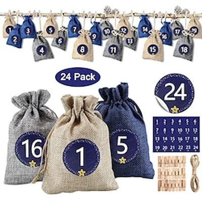 Christmas Advent Calendar 2023, 24 Days Burlap Hanging Advent Calendars Garland Candy Gift Bags Sacks DIY Xmas Countdown Christmas Decorations For Wall Home Office miniinthebox