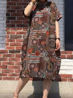 O-NEWE Vintage Printed Short Sleeve Pockets Lantern Dress For Women