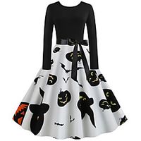 Women's A Line Dress Midi Dress Black Long Sleeve Print Vintage Style Fall Winter V Neck Vintage 2021 S M L XL XXL miniinthebox - thumbnail