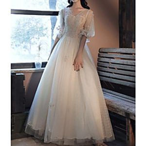 Ball Gown Vintage Floral Quinceanera Prom Dress V Neck Half Sleeve Floor Length Tulle with Pleats Embroidery 2021 miniinthebox