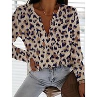 Women's Shirt Leopard Holiday Weekend Shirt Long Sleeve Print V Neck Casual Streetwear Khaki S  3D Print Lightinthebox - thumbnail