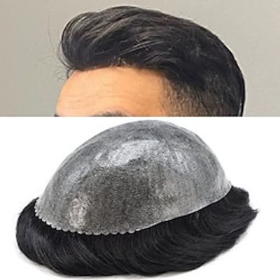 Toupee for Men Hairpiece Replacement System Male Prosthesis Full Poly Thin Soft Human Hair Piece for Men 8X10 Injected PU Durable Skin Mens Wig #1 Jet Black Color 8X10 Lightinthebox