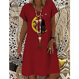 Women's T Shirt Dress Tee Dress Knee Length Dress Red Short Sleeve Cat Animal Print Summer V Neck Casual 2021 S M L XL XXL 3XL Lightinthebox