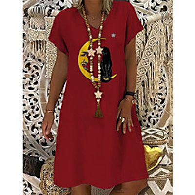 Women's T Shirt Dress Tee Dress Knee Length Dress Red Short Sleeve Cat Animal Print Summer V Neck Casual 2021 S M L XL XXL 3XL Lightinthebox