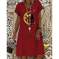 Women's T Shirt Dress Tee Dress Knee Length Dress Red Short Sleeve Cat Animal Print Summer V Neck Casual 2021 S M L XL XXL 3XL Lightinthebox - thumbnail