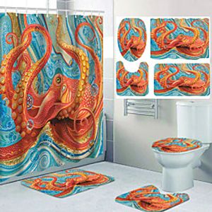 Red Octopus Cartoon Design Pattern Bathroom Shower Curtain Leisure Toilet Four-piece Set Including Hooks and Cushions Lightinthebox
