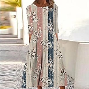 Women's Shift Dress Midi Dress Khaki 34 Length Sleeve Floral Striped Ruched Print Fall Winter Round Neck Casual Vacation 2022 S M L XL XXL 3XL Lightinthebox
