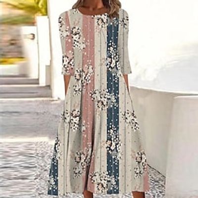 Women's Shift Dress Midi Dress Khaki 34 Length Sleeve Floral Striped Ruched Print Fall Winter Round Neck Casual Vacation 2022 S M L XL XXL 3XL Lightinthebox