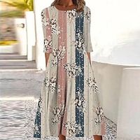 Women's Shift Dress Midi Dress Khaki 34 Length Sleeve Floral Striped Ruched Print Fall Winter Round Neck Casual Vacation 2022 S M L XL XXL 3XL Lightinthebox - thumbnail