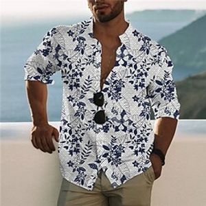 Men's Shirt 3D Print Floral Stand Collar Street Casual Button-Down Print Long Sleeve Tops Designer Casual Fashion Breathable White / Summer miniinthebox