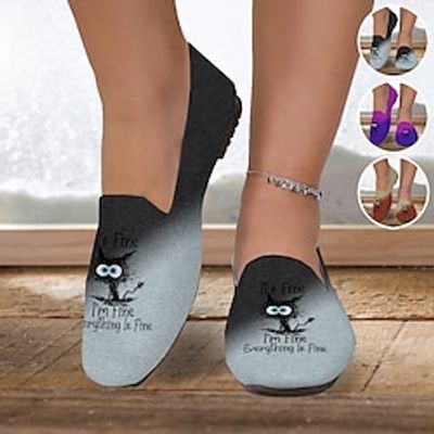 Women's Flats Slip-Ons Loafers Print Shoes Animal Print Flyknit Shoes Daily Cat Slogan Gradient Color Flat Heel Fashion Casual Comfort Tissage Volant Black Purple Brown Lightinthebox