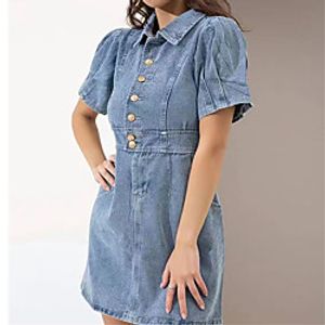 Women's A Line Dress Short Mini Dress Light Blue Short Sleeve Solid Color Spring Summer Casual / Daily 2021 S M L / Cotton / Denim / Cotton miniinthebox