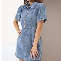 Women's A Line Dress Short Mini Dress Light Blue Short Sleeve Solid Color Spring Summer Casual / Daily 2021 S M L / Cotton / Denim / Cotton miniinthebox - thumbnail