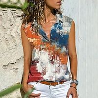 Women's Shirt Blouse Orange Tie Dye Button Print Sleeveless Daily Weekend Streetwear Casual Shirt Collar Regular S miniinthebox - thumbnail