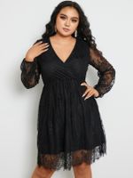 YOINS Plus Size Deep V Neck Wrap Design Lace Long Sleeves Mini Dress - thumbnail