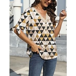 Women's T shirt Tee Geometric Yellow Pink Blue Print Short Sleeve Daily Going out Fashion V Neck Regular Fit Summer Lightinthebox