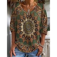 Women's T shirt Tee Brown Geometric Print 34 Length Sleeve Casual Daily Basic V Neck Regular Geometric S  3D Print Lightinthebox - thumbnail