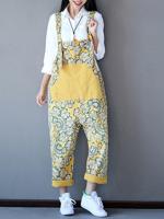 Casual Women Flower Printed Strap Pockets Jumpsuits - thumbnail