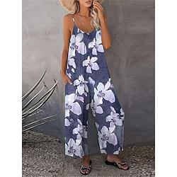 Women's Jumpsuit Print Floral U Neck Streetwear Street Daily Regular Fit Sleeveless Blue Khaki S M L Summer Lightinthebox