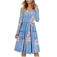 Women's A Line Dress Knee Length Dress Light Blue Long Sleeve Floral Ruched Print Spring Summer Crew Neck Elegant Casual 2022 S M L XL XXL 3XL Lightinthebox - thumbnail