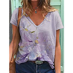 Women's T shirt Floral Plants V Neck Basic Tops Purple miniinthebox