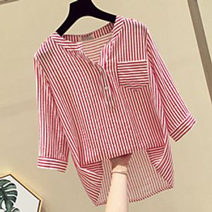 Women's Plus Size Tops Blouse Shirt Striped Asymmetric Long Sleeve V Neck Streetwear Daily Going out Polyester Spring Summer Blue Red miniinthebox