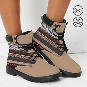 Women's Boots Print Shoes Combat Boots Plus Size Outdoor Daily National Totem Booties Ankle Boots Winter Flat Heel Round Toe Closed Toe Fashion Casual Faux Leather Lace-up Pink Purple Brown miniinthebox