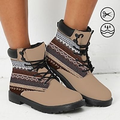 Women's Boots Print Shoes Combat Boots Plus Size Outdoor Daily National Totem Booties Ankle Boots Winter Flat Heel Round Toe Closed Toe Fashion Casual Faux Leather Lace-up Pink Purple Brown miniinthebox