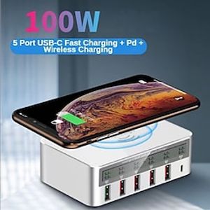 Smart Desktop Charger 100W Qc3.0 5usb PD Fast Charge Wireless Charging Multiple Mobile Phone Device Charger miniinthebox