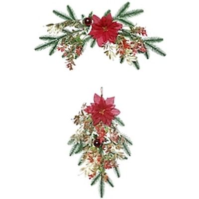 Artificial Christmas Swag, Red Berries Decoration Swag with Poinsettia Flower, Green Pine Christmas Hanging Ornament for Wall Front Door Festival Decor miniinthebox